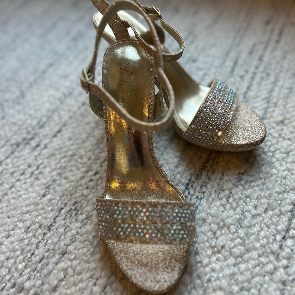 Sparkling Gold Women's High Heel Sandals with Rhinestone Strap